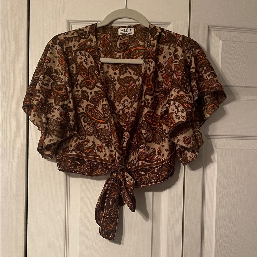 Tree of Life Brown & Orange Paisley Wrap Blouse